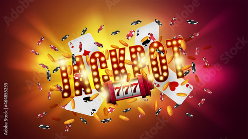 Shining sign Jackpot with slot machine, cards and falling golden coins and chips on a bright background.