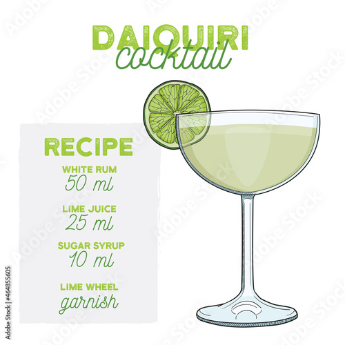 Hand Drawn Daiquiri Summer Cocktail. Drink with Ingredients