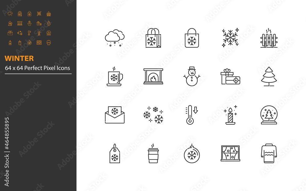 set of winter line icons, snowflake, season, cold