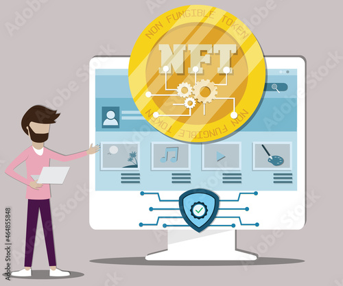 Flat design of business finance,Young man standing in front of monitor and NFT webpage - vector