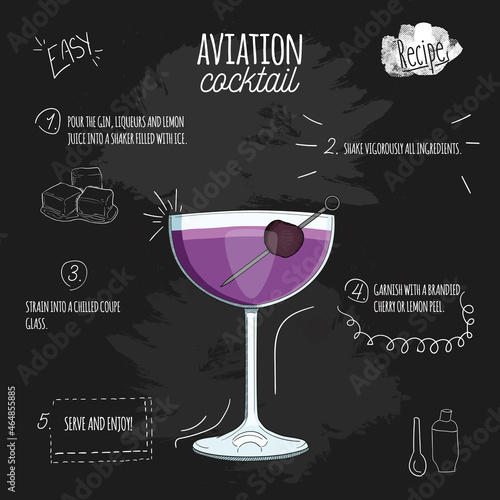 Hand Drawn Aviation Summer Cocktail. Drink with Ingredients on Blackboard