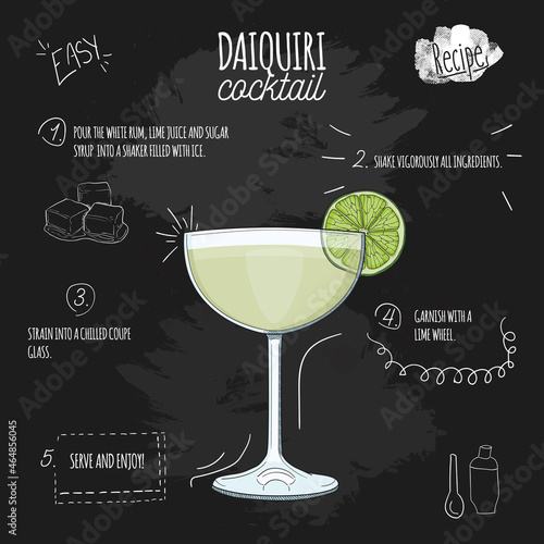Hand Drawn Daiquiri Summer Cocktail. Drink with Ingredients on Blackboard