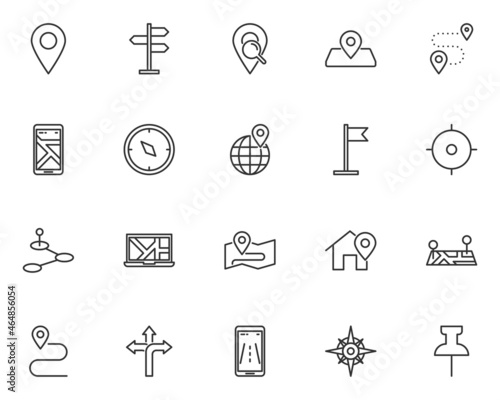 set of location line icons, route, navigation, destination