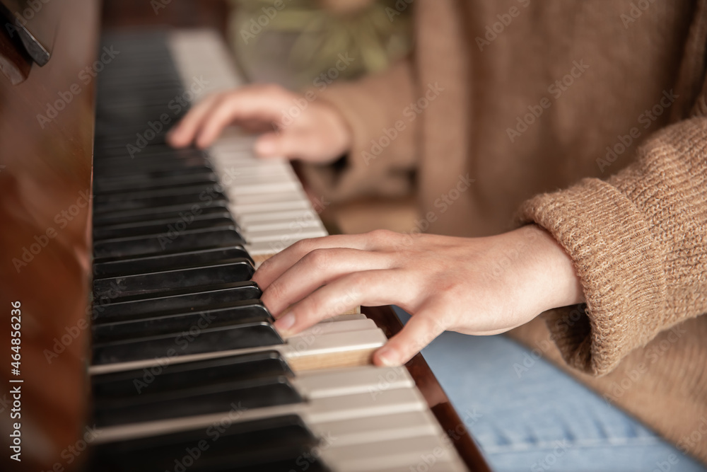Obraz premium Close-up of female hands playing the piano.