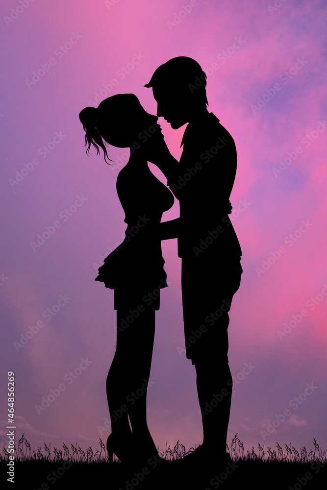 illustration of boy and girl kissing at sunset illustration of boy and girl kissing at sunset