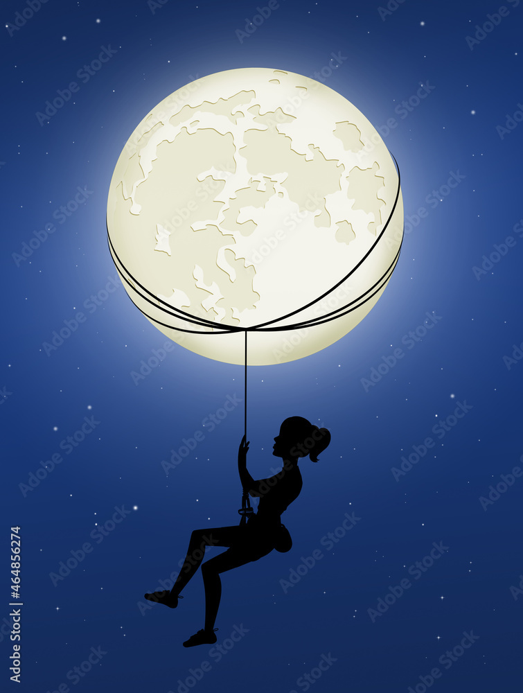 woman hanging on the moon with rope