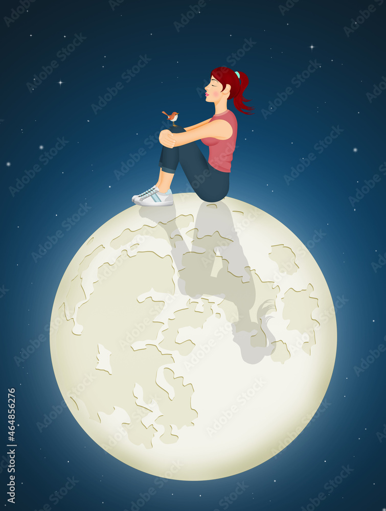Fototapeta premium illustration of girl sitting on the moon