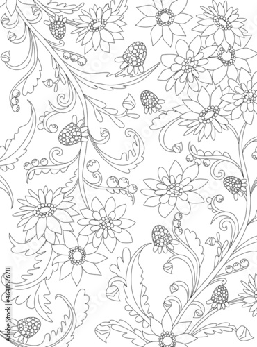 floral pattern with fancy flowers and berries for your coloring