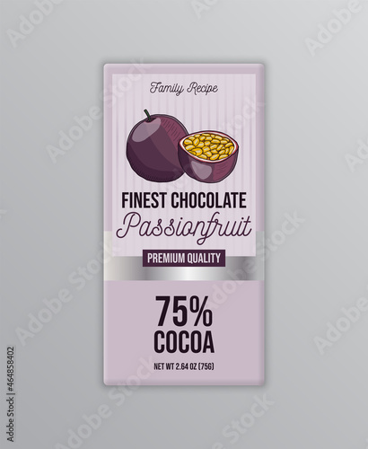 Passion fruit chocolate label template. Modern vector packaging design layout. Isolated