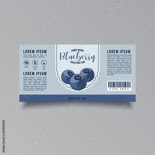 Blueberry jam label template. Modern vector packaging design layout. Isolated