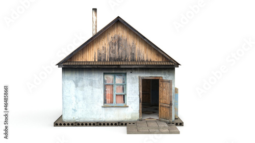 3D rendering of an old wooden building on a white background