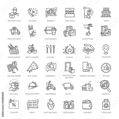 Food delivery service icons set. Outline set of food delivery service vector icons
