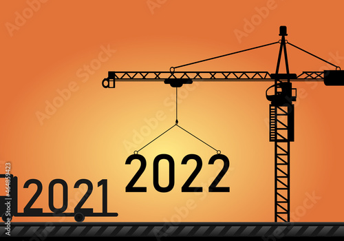 The 2021 Year on a forklift car backward The 2022 Year Happy new Year construction site crane vector illustration on sunset background. The concept for New Year 2022 and vision business