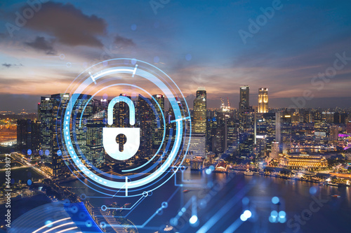 Photography Glowing padlock hologram, night panoramic city view of Singapore, Asia
