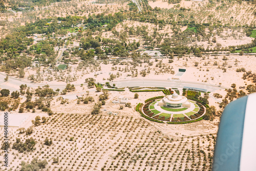 Aerial View Of Mushrif Park Family-oriented Park In Dubai, United Arab Emirates. Aerial View Of Al Thuraya Astronomy Center From Window Of Plane