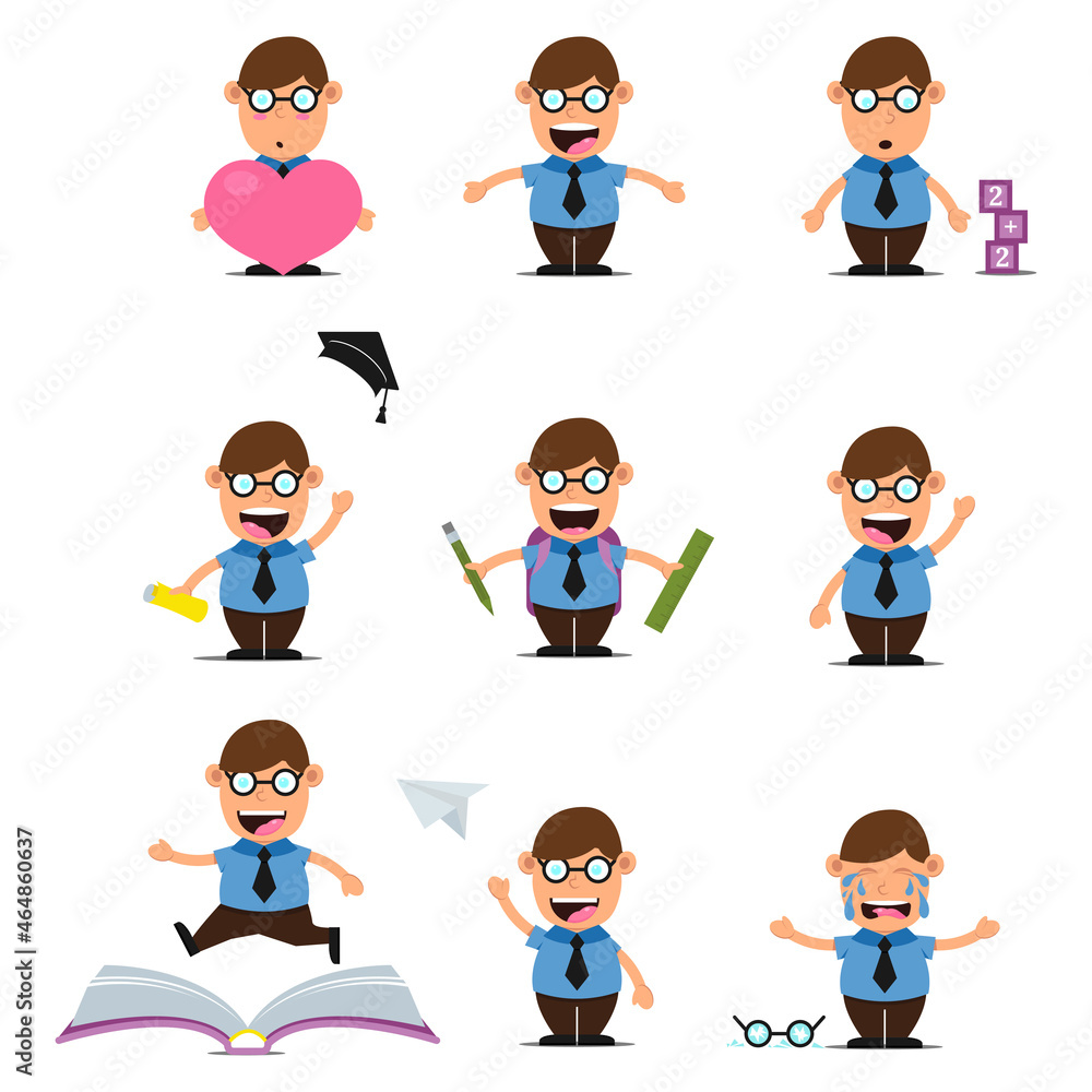 Set of children avatars on white background. Cute cartoon little school boy with glasses. Colorful flat vector illustration Set of children avatars on white background. Cute cartoon little school boy with glasses. Colorful flat vector illustration