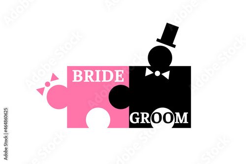 Wedding party concept design Bride and groom icon, sign, symbol. Puzzle man and woman have sex on white background. Vector illustration
