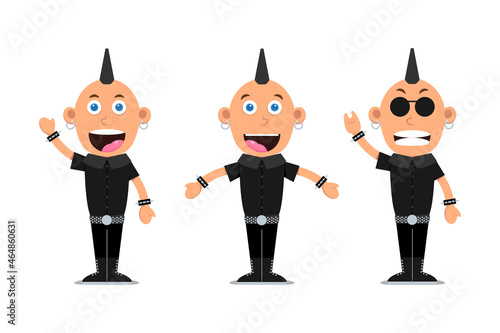 Punk rock fans set. Rocker characters isolated on white background. Cartoon flat man with goat fingers rock symbol. Vector illustration