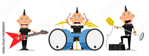 Punk rock group stars . Rocker drummer, man with electric guitar, singer with microphone character isolated on white background. Cartoon flat mens set. Vector illustration