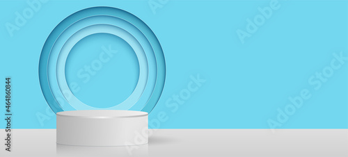 Paper cut of minimal scene with geometric shape of round on blue background, 3D Luxury white color cylinder pedestal podium for products display presentation. Vector illustration