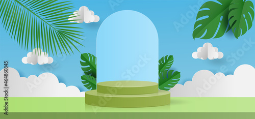 Paper cut style of clouds, leaf tropical natural on blue sky background with 3D green color cylinder podium for products display presentation. Vector illustration