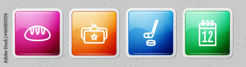 Set line Bread loaf, Ushanka, Ice hockey stick and puck and Calendar 12 june. Colorful square button. Vector
