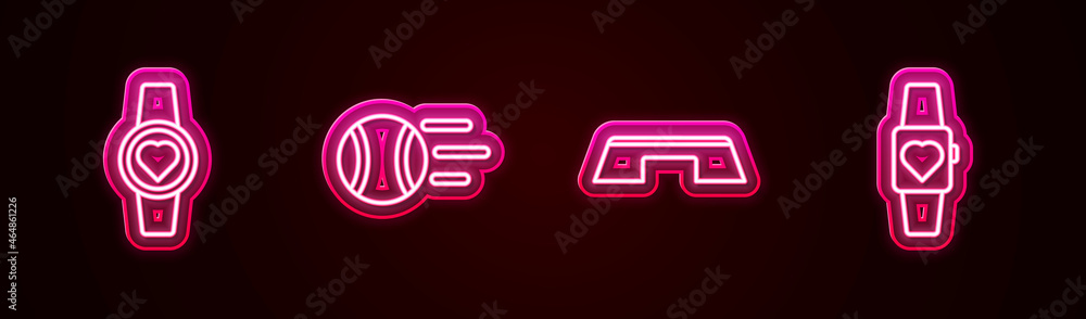 Set line Smartwatch, Tennis ball, Step platform and . Glowing neon icon. Vector Set line Smartwatch, Tennis ball, Step platform and . Glowing neon icon. Vector