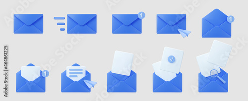 Obraz na plátně 3d blue mail envelope icon set with marker new message isolated on grey background