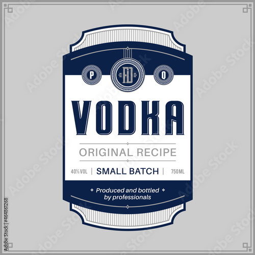 Vector blue and white vodka label isolated on a grey background. Distilling business branding and identity design elements