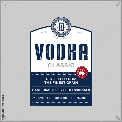 Vector blue and white vodka label template. Distilling business branding and identity design elements