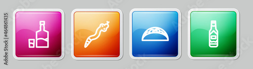 Set line Tequila bottle and glass, Snake, Taco with tortilla and Tabasco sauce. Colorful square button. Vector