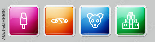 Set line Popsicle ice cream, Cigar, Dog and Chichen Itza in Mayan. Colorful square button. Vector