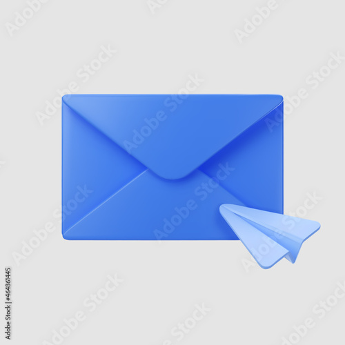 3d blue closed mail envelope icon with paper plane isolated on grey background. Render new unread email notification. 3d realistic minimal vector