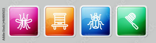 Set line Mosquito, Hive for bees, Beetle bug and Butterfly net. Colorful square button. Vector