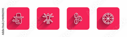 Set line Pinocchio, Vitruvian Man, Coffee beans and Pizza with long shadow. Red square button. Vector