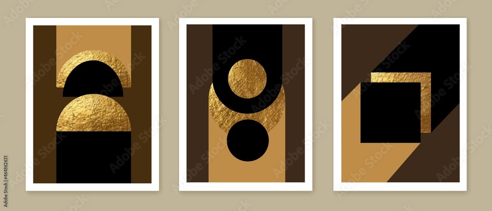 Abstract minimalist wall art composition in beige, grey, black colors. Golden geometric shapes, circles, squares design.