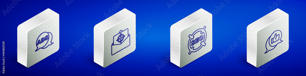 Set Isometric line Advertising, Mail and e-mail, SEO optimization and Customer product rating icon. Vector Set Isometric line Advertising, Mail and e-mail, SEO optimization and Customer product rating icon. Vector