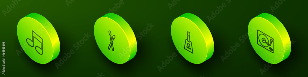 Set Isometric line Music note, tone, Drum sticks, Balalaika and Vinyl player with vinyl disk icon. Vector Set Isometric line Music note, tone, Drum sticks, Balalaika and Vinyl player with vinyl disk icon. Vector