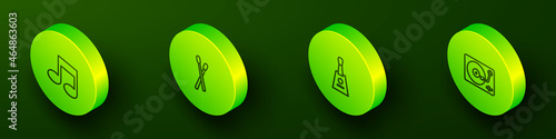 Set Isometric line Music note, tone, Drum sticks, Balalaika and Vinyl player with vinyl disk icon. Vector