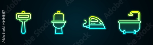 Set line Shaving razor, Toilet bowl, Electric iron and Bathtub. Glowing neon icon. Vector