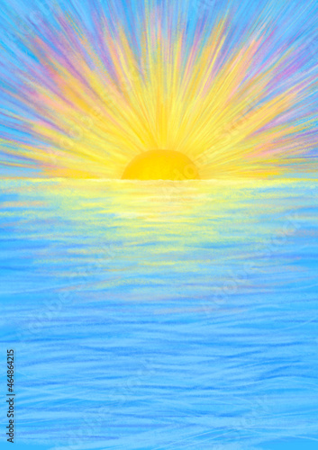 Fototapeta Naklejka Na Ścianę i Meble -  Sunrise. A colorful illustration for children. The picture is drawn manually with colored pencils