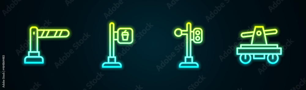 Set line Railway barrier, Cafe and restaurant location, Train traffic light and Draisine or handcar. Glowing neon icon. Vector Set line Railway barrier, Cafe and restaurant location, Train traffic light and Draisine or handcar. Glowing neon icon. Vector