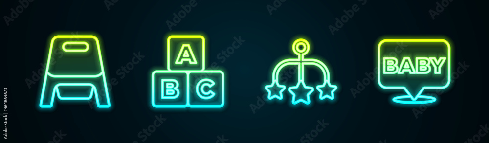 Set line Baby potty, ABC blocks, crib hanging toys and . Glowing neon icon. Vector Set line Baby potty, ABC blocks, crib hanging toys and . Glowing neon icon. Vector