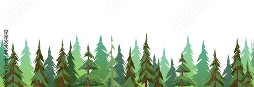Forest trees. Coniferous fir and pine. Isolated on white background. Seamless horizontal illustration in cartoon style flat design. Vector
