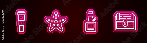 Set line Spyglass telescope lens, Starfish, Alcohol drink Rum and Antique treasure chest. Glowing neon icon. Vector
