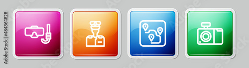 Set line Diving mask and snorkel, Captain of ship, Route location and Photo camera. Colorful square button. Vector