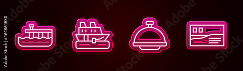 Set line Beach pier dock, Cruise ship, Covered with tray and Postcard travel. Glowing neon icon. Vector