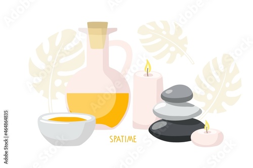 Spa time. Massage stones, candles, monster leaves, oil botle and bowl In fashionable modern style. Beauty spa treatment and relax concept for wellness, thai massage, meditation center, home spa.