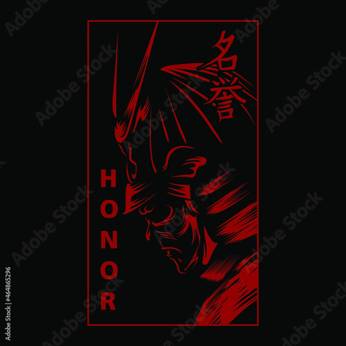 Stunning, Vibrant, Red Colored Traditional Japanese Samurai Warrior Tattoo And T-shirt Design Illustration