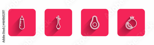 Set line Eggplant, Fresh green onions, Avocado fruit and Tomato with long shadow. Red square button. Vector